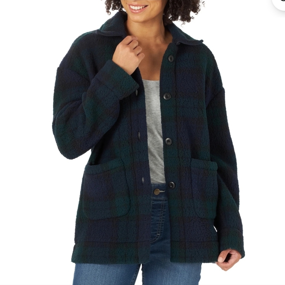 Lee Jacket Chore Fleece Check Plaid Peacock Pocket Blue/Green Women's Medium